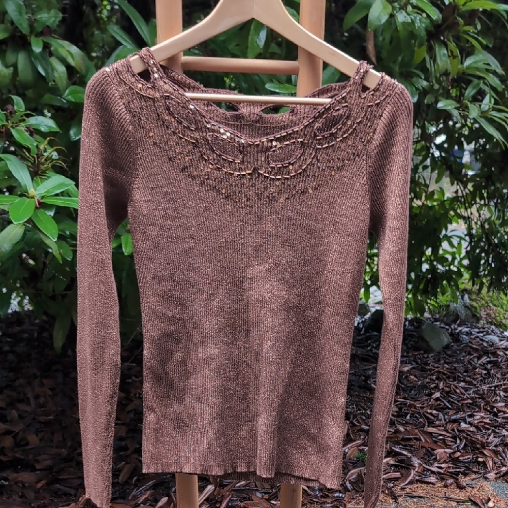 Y2K Eyelet Cutout Off The Shoulder Vintage Brown Knit Sweater Beaded